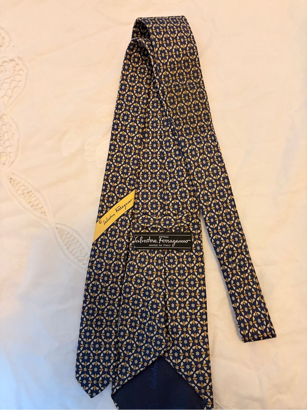 Salvatore Ferragamo Navy and Yellow Geometric Silk Tie